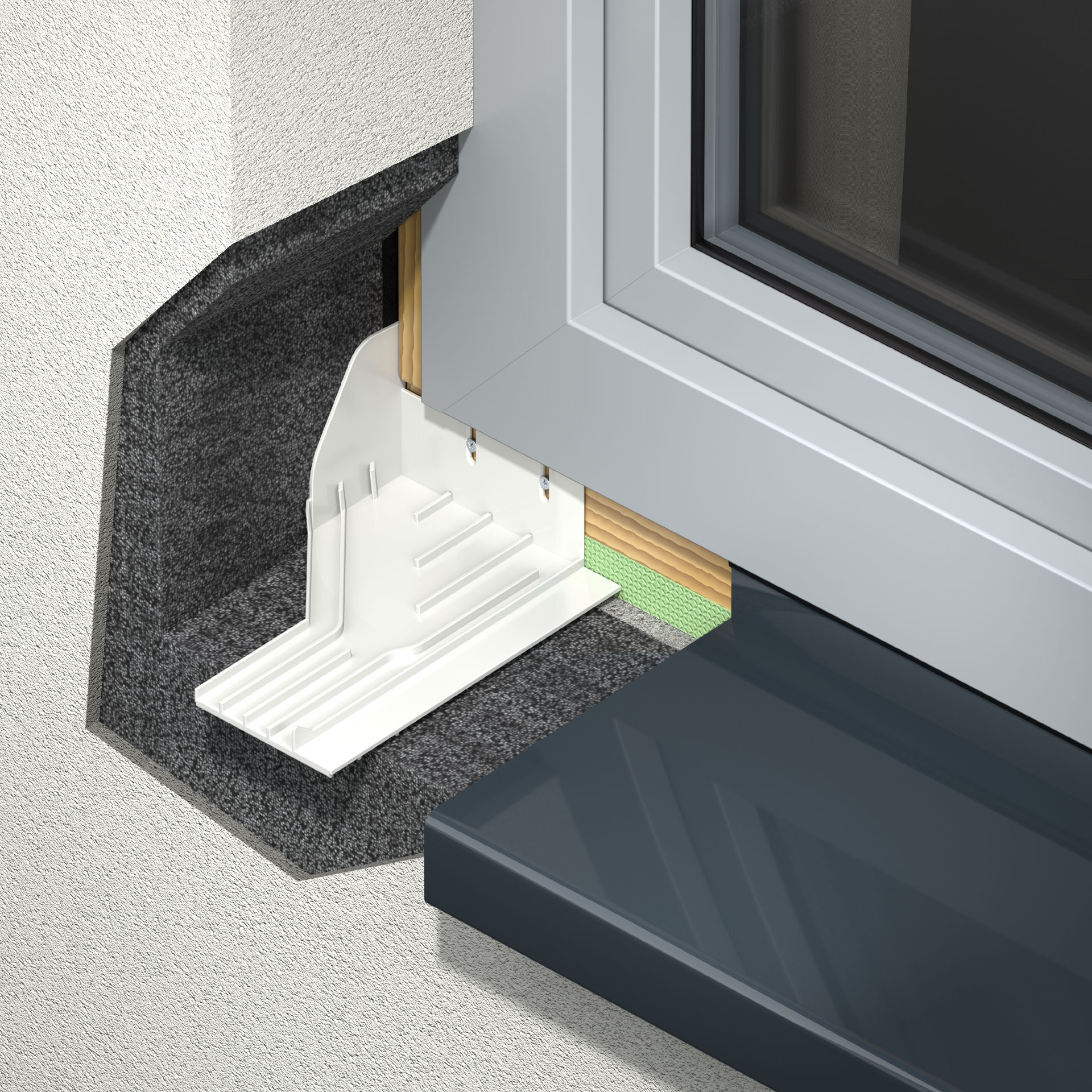 Connections to windows & rolling shutters for plaster & ETIC – water that gets into the structure via the structural connection (window, rolling shutter guide rail, window sill) is drained to the outside using a controlled system.